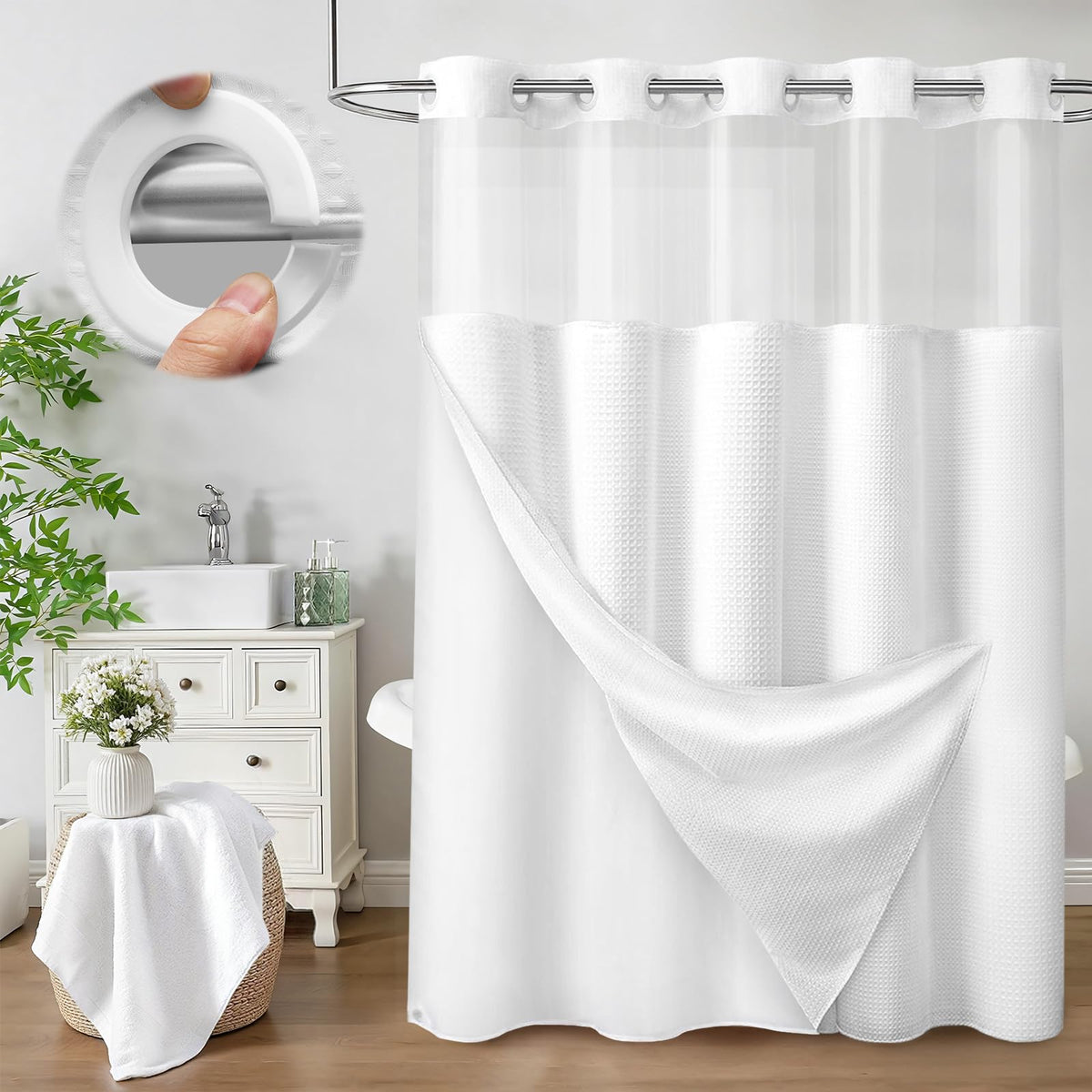 No Hook Shower Curtain with Liner Set Hotel Waffle Burgundy 72W X 75L