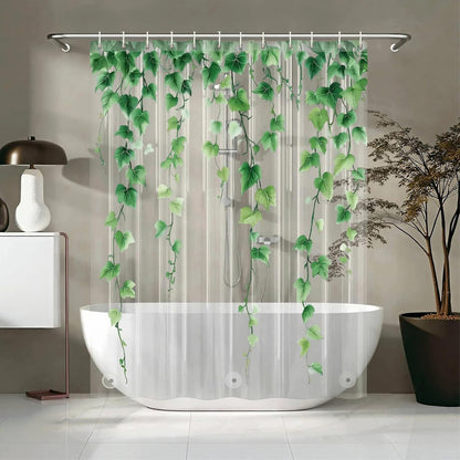 Clear Green Ivy Leaves Shower Curtain Liner, Transparent Plastic Nature Green Botanical Leaf Decorative Waterproof Shower Curtains for Bathroom, 72x72 Weighted Magnetic Shower Curtain Liner with Hooks