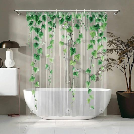 Clear Green Ivy Leaves Shower Curtain Liner, Transparent Plastic Nature Green Botanical Leaf Decorative Waterproof Shower Curtains for Bathroom, 72x72 Weighted Magnetic Shower Curtain Liner with Hooks