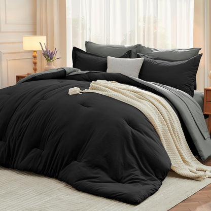 MUXHOMO Queen Comforter Set 7 Pieces, Soft Bed in a Bag, Olive Green