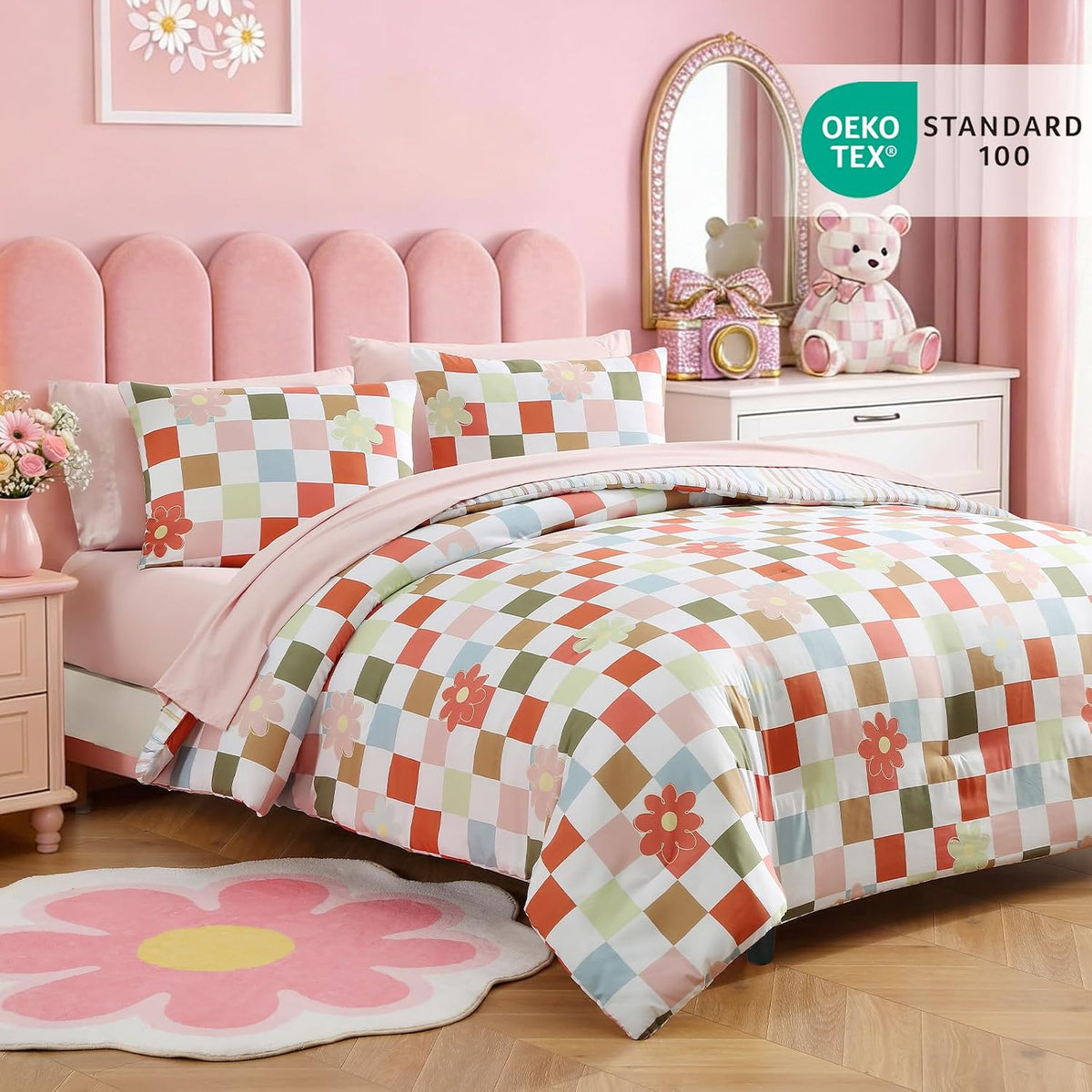 Twin XL Comforter Set for Girls Colorful Checkered Bed in a Bag 5 Pieces