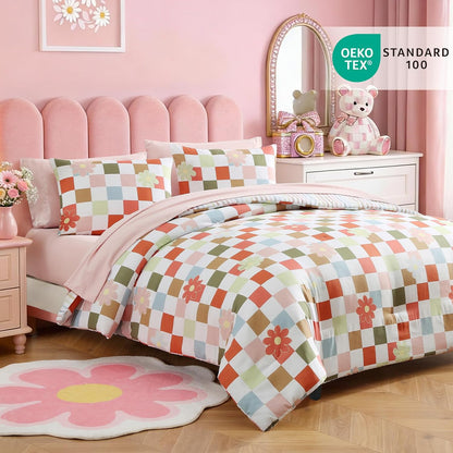 Twin XL Comforter Set for Girls Colorful Checkered Bed in a Bag 5 Pieces
