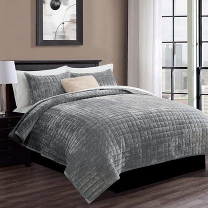 RECYCO Channel Box Stitch Velvet Quilt Set, King Size, Beige