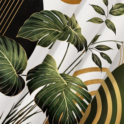 Bondjos Abstract Geometric Botanical Shower Curtain Mid Century Boho Tropical Gold Geometric Monstera Leaf Modern Minimalist Bathroom Curtain Modern Aesthetic Bath Accessories Art Home Decor
