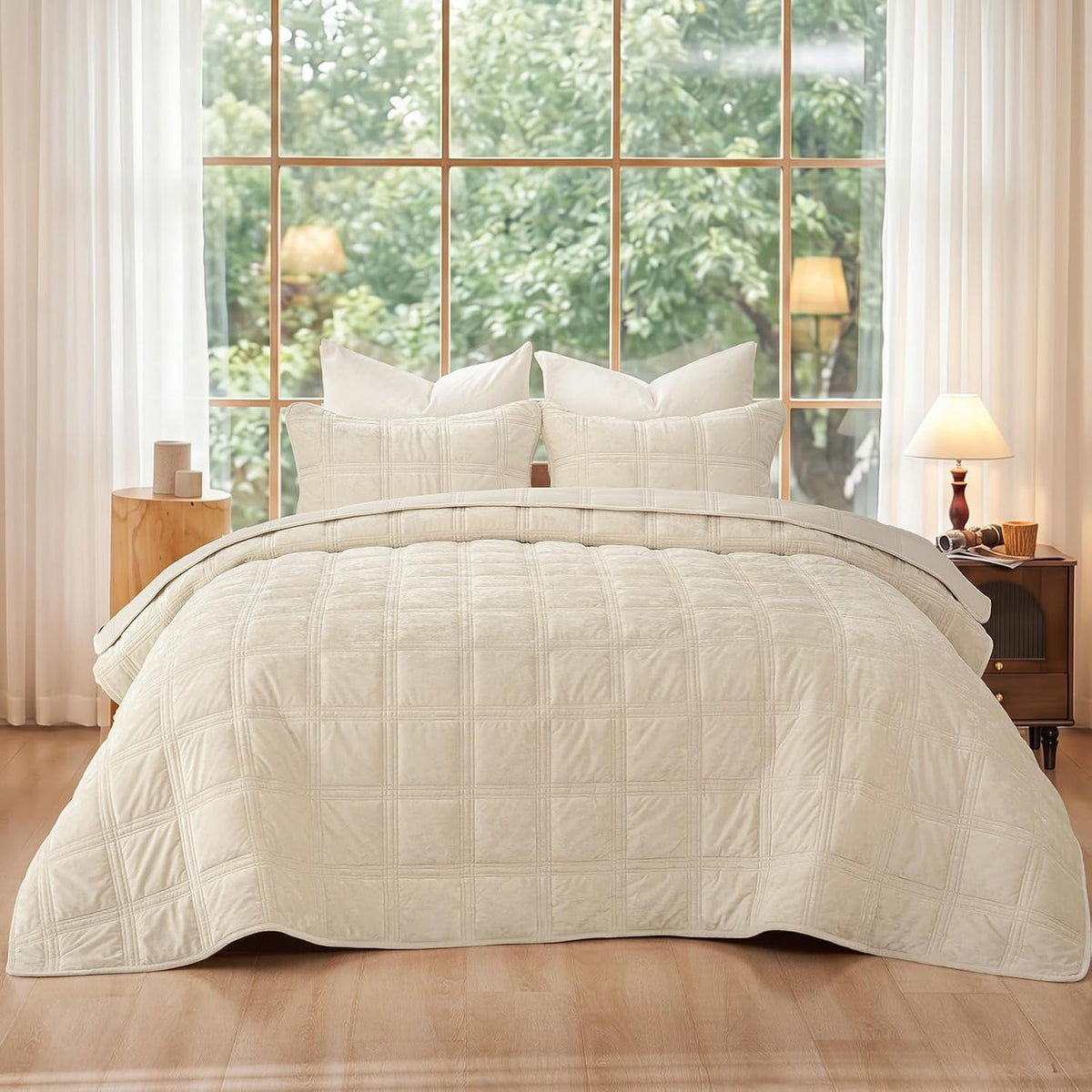 PHF Diamond Pattern Luxury Velvet Quilt Set Queen Size, Sand