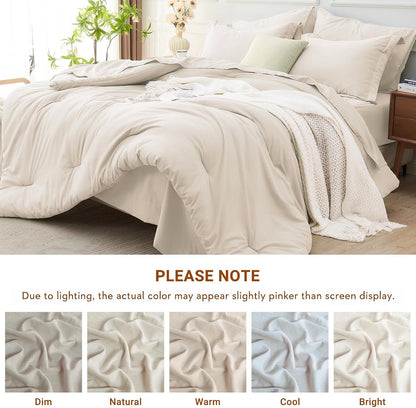 MUXHOMO Queen Comforter Set 7 Pieces, Soft Bed in a Bag, Beige