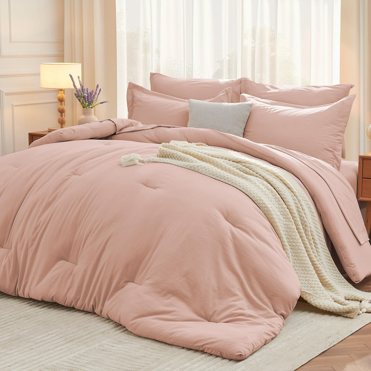 MUXHOMO Queen Comforter Set 7 Pieces, Soft Bed in a Bag, Olive Green