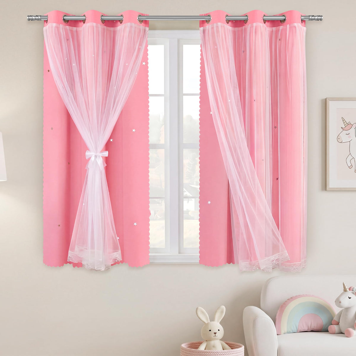 XiDi Blackout Curtains for Girls Bedroom Decor Pink Kids Rainbow Curtains
