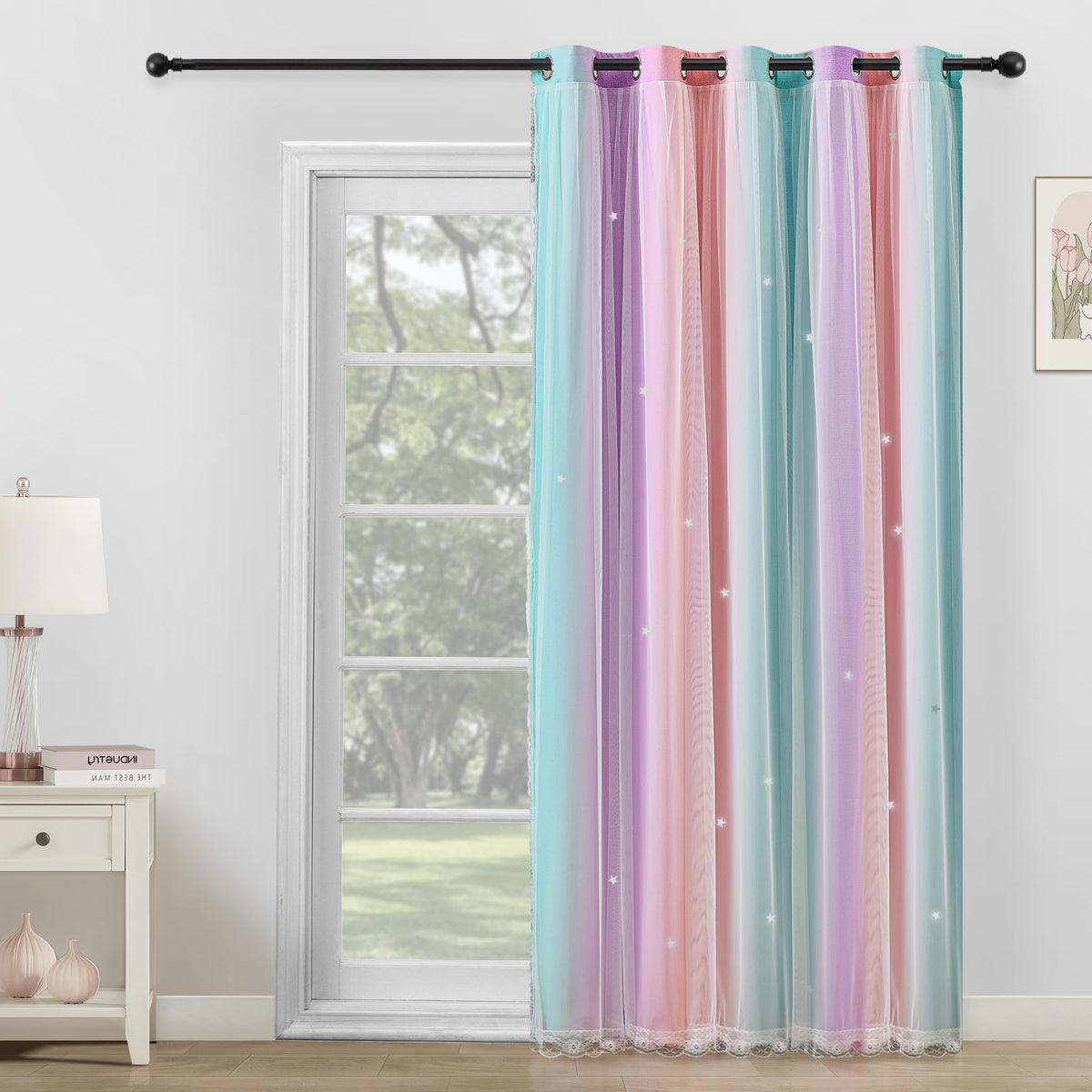 XiDi Blackout Curtains for Girls Bedroom Decor Pink Kids Rainbow Curtains