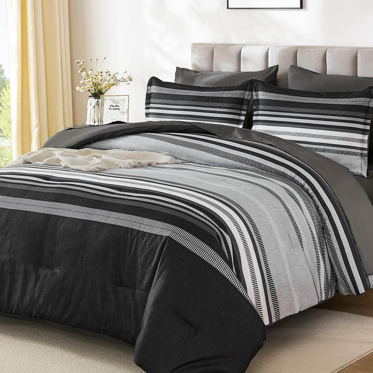 Dobuyly Teal Queen Comforter Set 7 Pieces, Blue Boho Striped Bed in a Bag Queen Size Soft Microfiber All Season Bedding Set with Comforter, Sheets, Pillowcases & Shams
