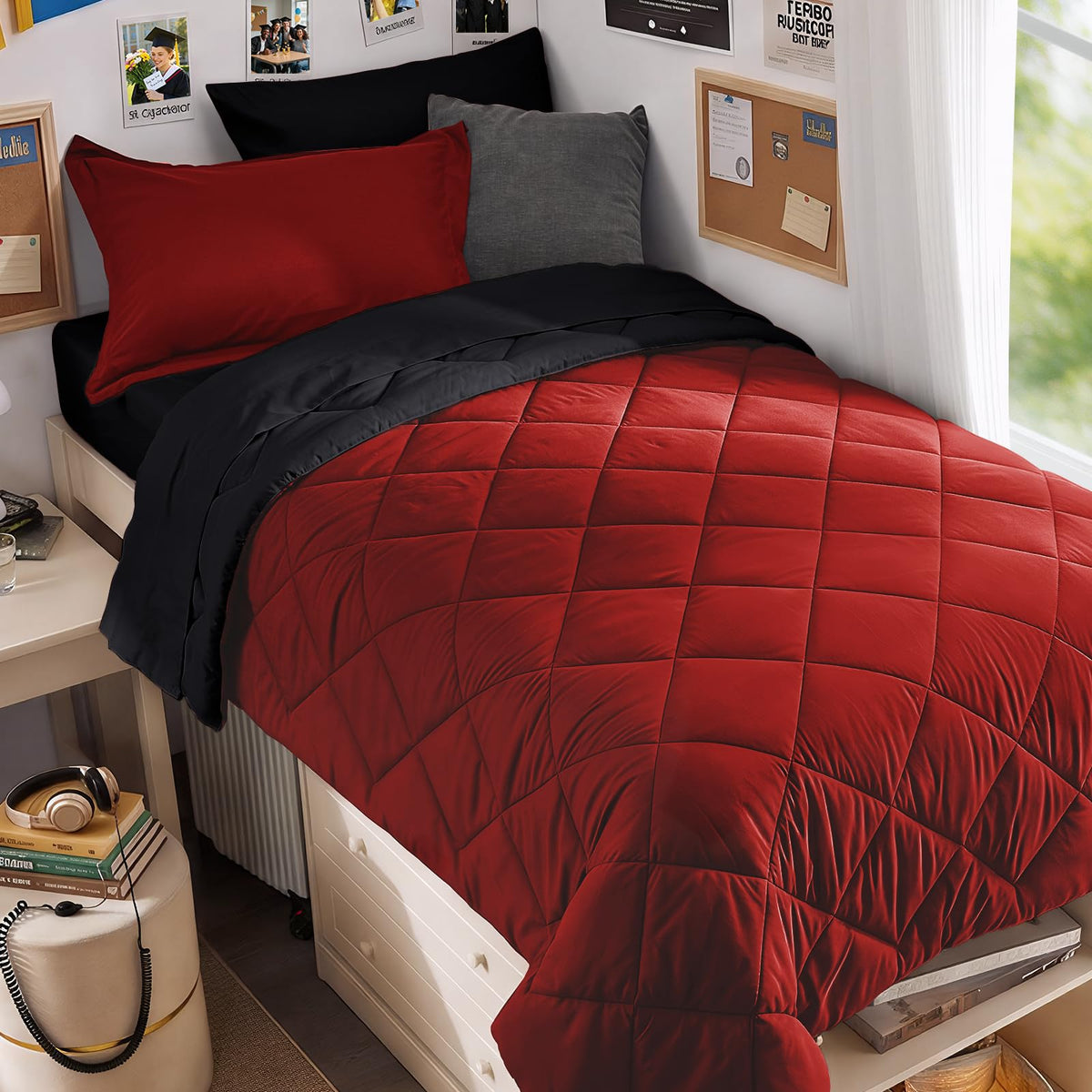 MUXHOMO Full Comforter Set 7 Pieces, Reversible Bed in a Bag, Red/Black