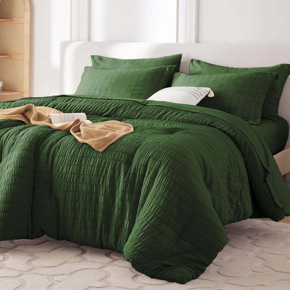 MUXHOMO Queen Comforter Set 7 Pieces, Seersucker Bed in a Bag, Beige