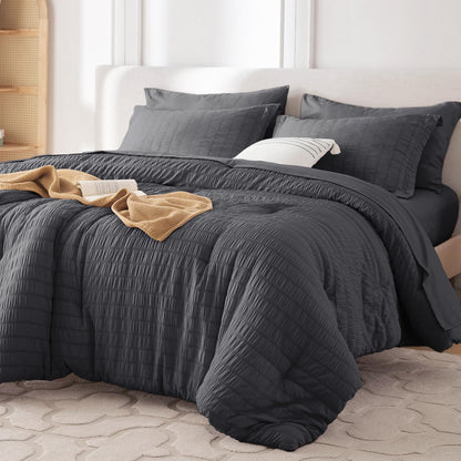 MUXHOMO Queen Comforter Set 7 Pieces, Seersucker Bed in a Bag, Beige