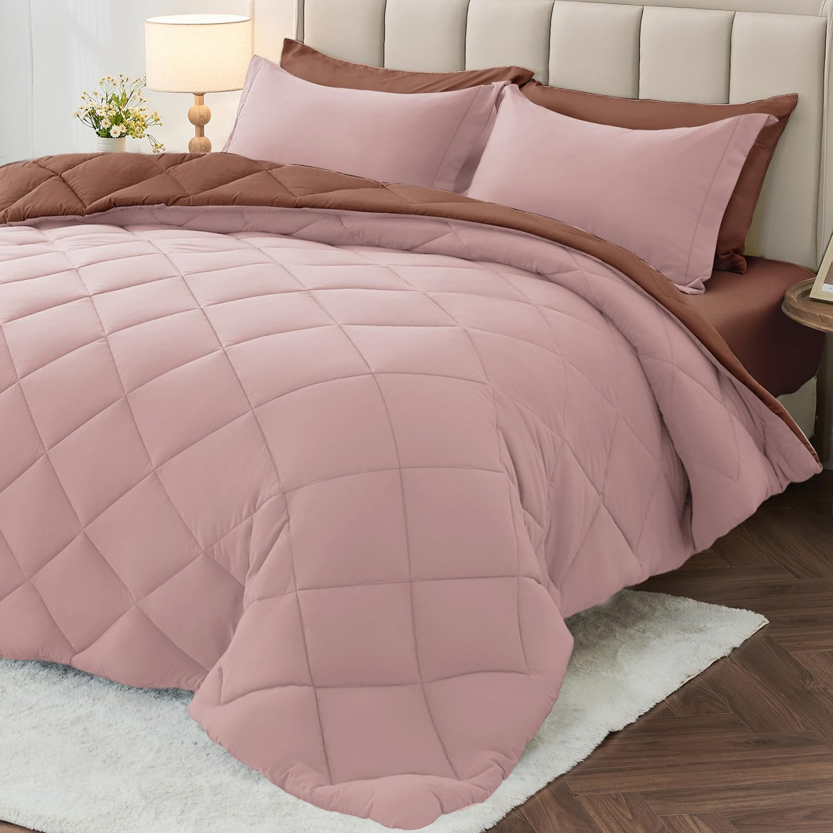 MUXHOMO Queen Comforter Set 7 Pieces, Reversible Bed in a Bag, Red/Black