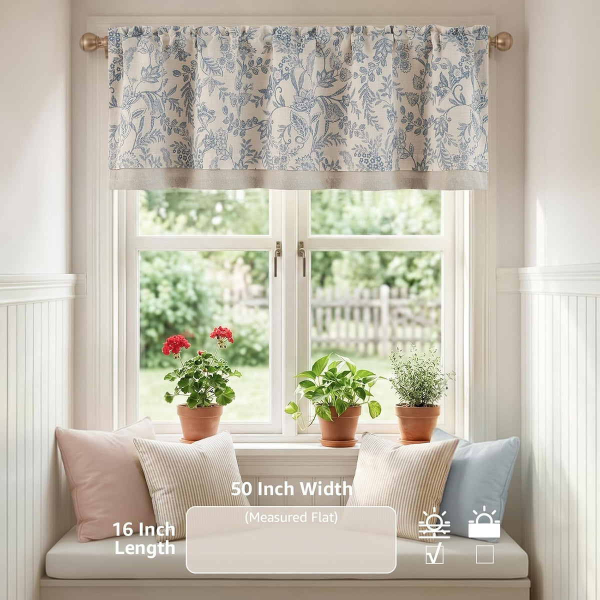 jinchan Linen Valance Curtain Farmhouse 16 Inch 1 Panel Blue on Beige