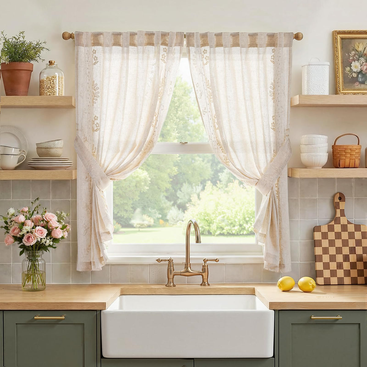 jinchan Beige Floral Linen Kitchen Tier Curtains 50x45 Inch 2 Panels