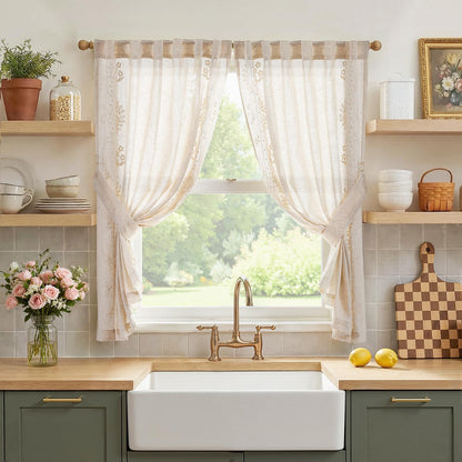 jinchan Beige Floral Linen Kitchen Tier Curtains 50x45 Inch 2 Panels