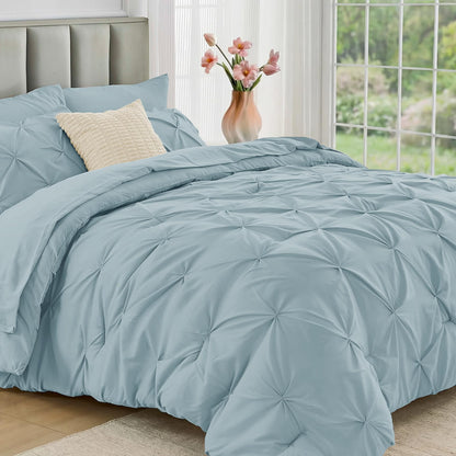 JOLLYVOGUE Queen Comforter Set 7 Pieces - Bed in a Bag Queen for All Season, Pintuck Bedding Comforter Sets with Comforter, Flat Sheet, Fitted Sheet and Pillowcases & Shams, Pink