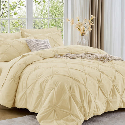 Sasttie Queen Comforter Set, 7-Piece Bed in a Bag, Pintuck Bedding Sets for All Season, Includes Comforter, Flat Sheet, Fitted Sheet, Pillowcases and Pillowshams, Beige