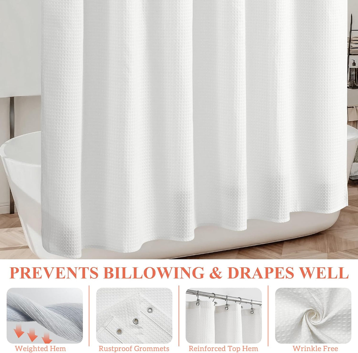 Barossa Design Waffle Weave White Shower Curtain Hotel, Standard Size