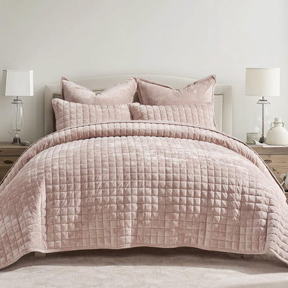 RECYCO Channel Box Stitch Velvet Quilt Set, King Size, Beige