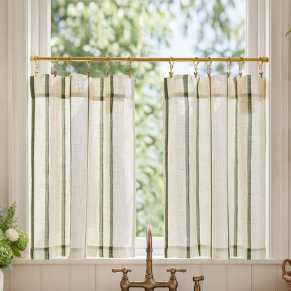 jinchan Linen Striped Tier Curtains for Kitchen Windows Green 26 x 24 inch