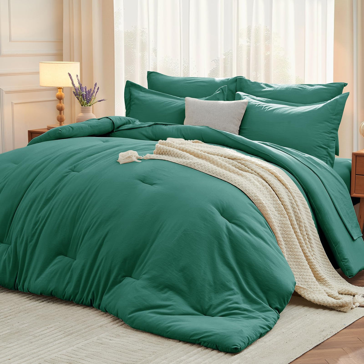 MUXHOMO Queen Comforter Set 7 Pieces, Soft Bed in a Bag, Beige