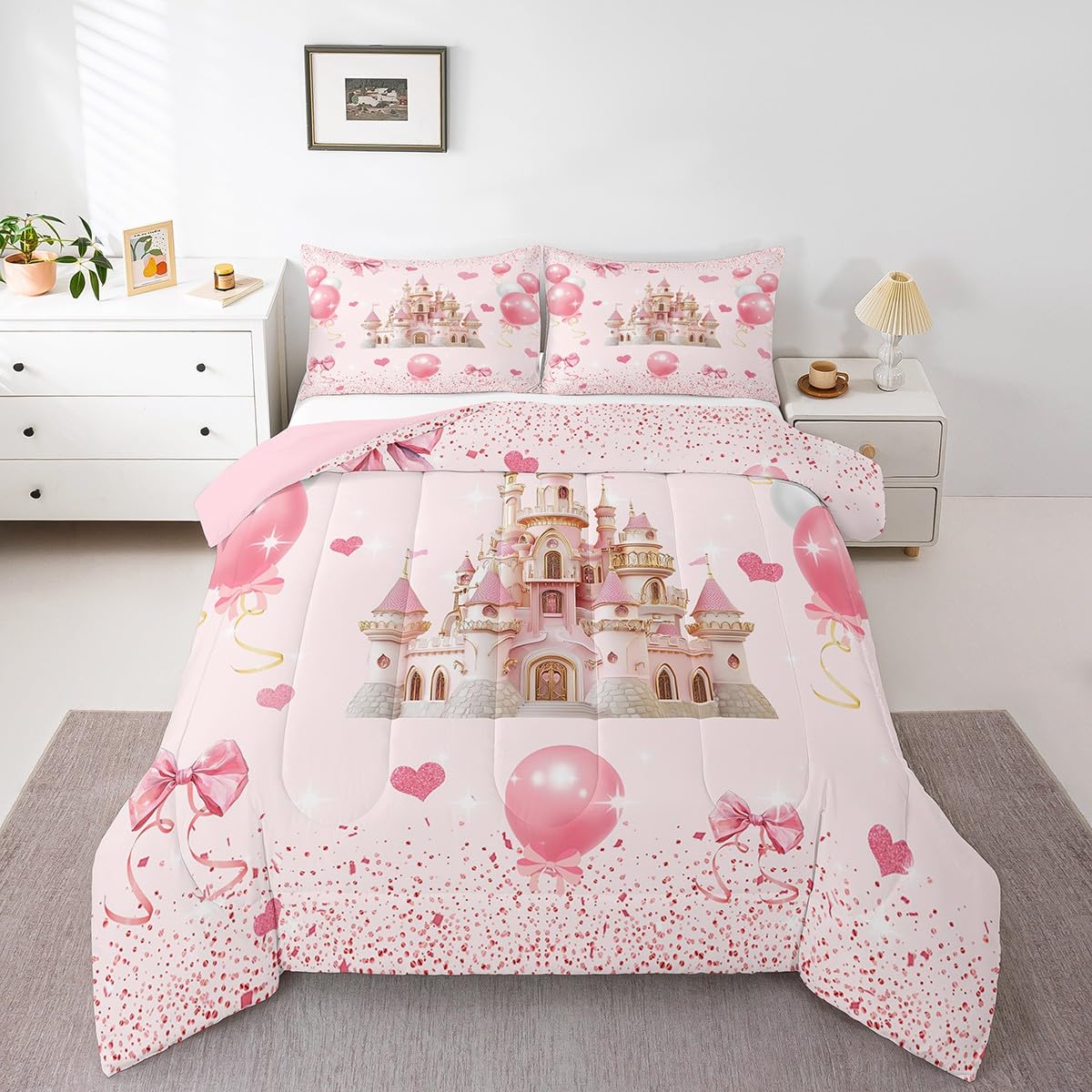 Erosebridal Cute Pink Bow Twin Bedding Set for Girls,Ribbon Bow Knot Comforter Set for Kids Kawaii Room Decor,Princess Bowknot Bed Set Girly Pink Bows Bedding Comforter Sets,1 Pillowcase