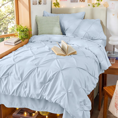 Sasttie Full Size Comforter Set, 7-Piece Bed in a Bag Double, Pintuck Bedding Set for All Season, Includes Comforter, Flat Sheet, Fitted Sheet, Pillowcases and Pillowshams, Beige
