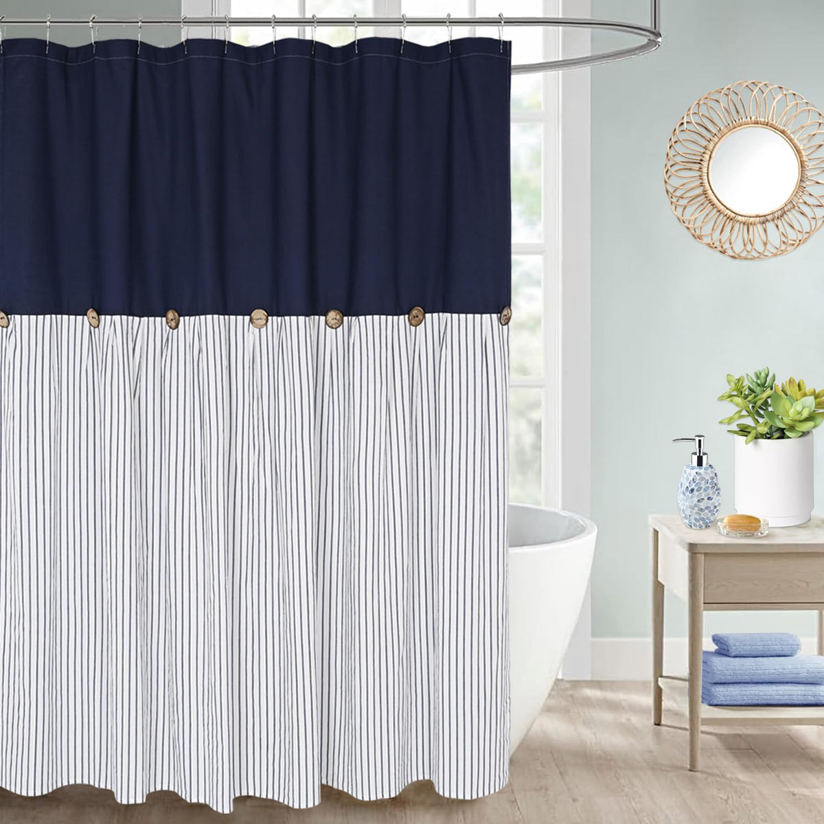 DOSLY IDÉES Farmhouse Shower Curtain,Beige and Gray Stripe,Button Curtain,Linen and Cotton Woven Fabric,Rustic Charm Country Chic Style,72x72 in
