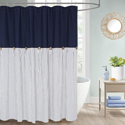 DOSLY IDÉES Farmhouse Shower Curtain,Beige and Gray Stripe,Button Curtain,Linen and Cotton Woven Fabric,Rustic Charm Country Chic Style,72x72 in