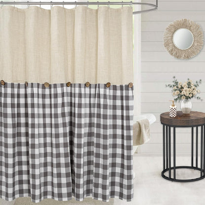 DOSLY IDÉES Farmhouse Shower Curtain,Beige and Gray Stripe,Button Curtain,Linen and Cotton Woven Fabric,Rustic Charm Country Chic Style,72x72 in