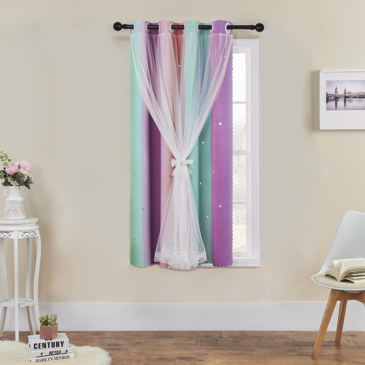 XiDi Curtains for Girls Bedroom Decor, Rainbow Blackout Curtains for Kids/Little Girl Room Decor, Unicorn Wall Decals,Pink Purple Green,63 x 34 inches,1 Panel