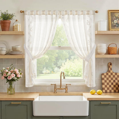 jinchan Beige Floral Linen Kitchen Tier Curtains 50x45 Inch 2 Panels