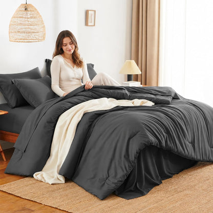 HIMEET Queen Comforter Set, 7-Piece Point-Quilted Bed in a Bag Dark Grey