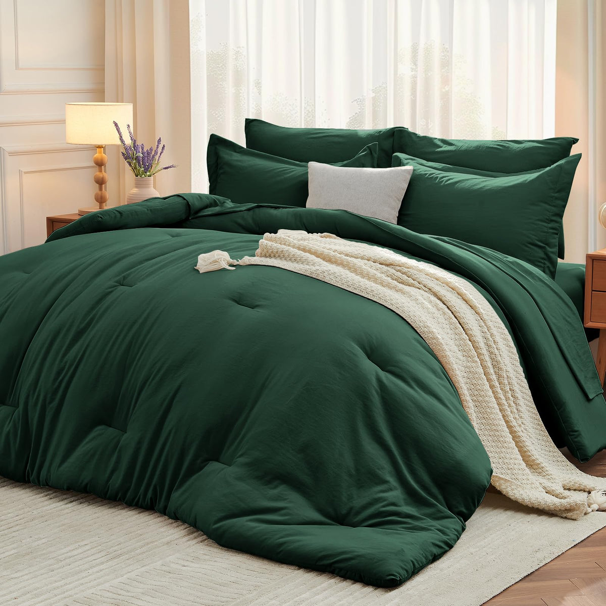 MUXHOMO Full Comforter Set 7 Pieces, Soft Bed in a Bag, Beige