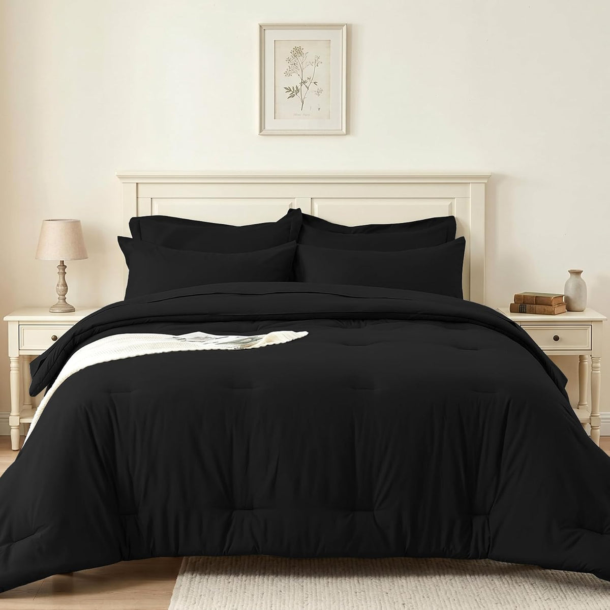 Queen Comforter Set 7 Piece - Black Soft Bed in a Bag Queen Size Comforter Sets, Lightweight Bedding Sets with Down Alternative Comforter, Flat Sheet, Fitted Sheet, 2 Pillowcases & 2 Shams