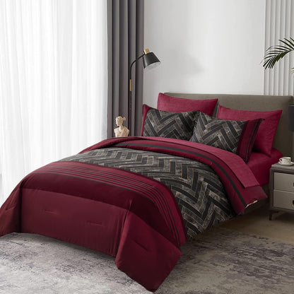 Luxudecor Burgundy Comforter Set Queen Size 7 Pieces Red and Black Stripe Bed in a Bag Geometric Comforter and Sheet Set, Soft Microfiber Complete Bedding Sets for All Seasons
