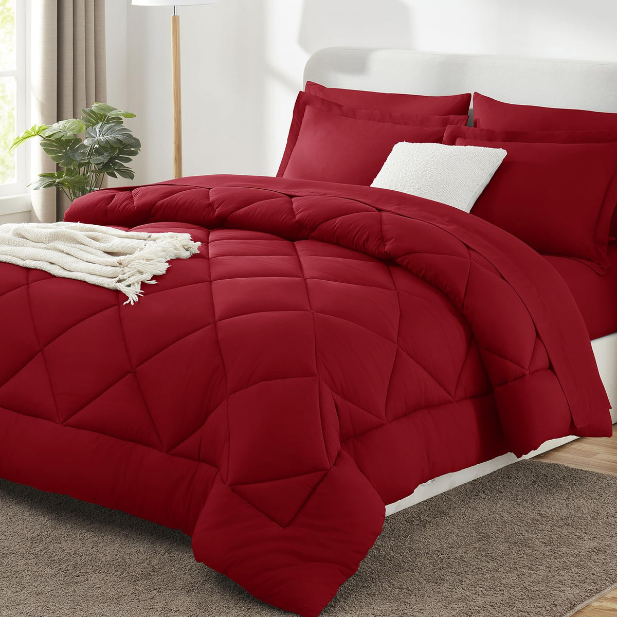 CozyLux Full Comforter Set 82"x86" Burgundy - 7 Piece Bed in a Bag
