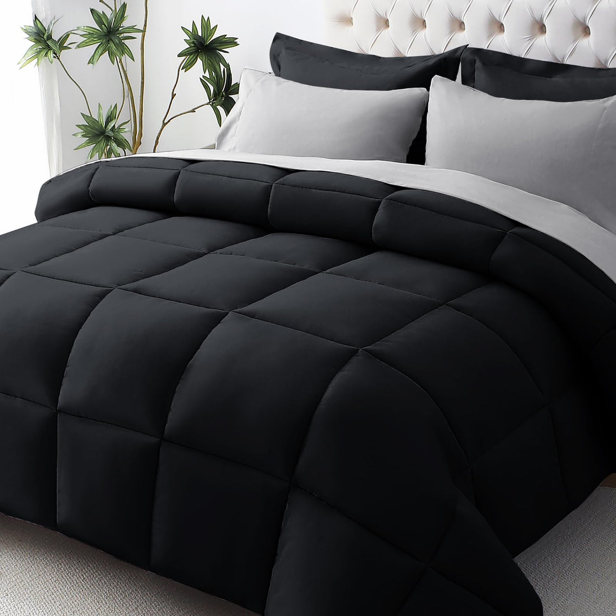 JOLLYVOGUE Full Comforter Set, Ultra-Soft Bed in a Bag Full Size 7 Pieces, Oeko-TEX Certified Bedding Set with Down Alternative Comforter, Sheets, Pillowcases & Shams, Black