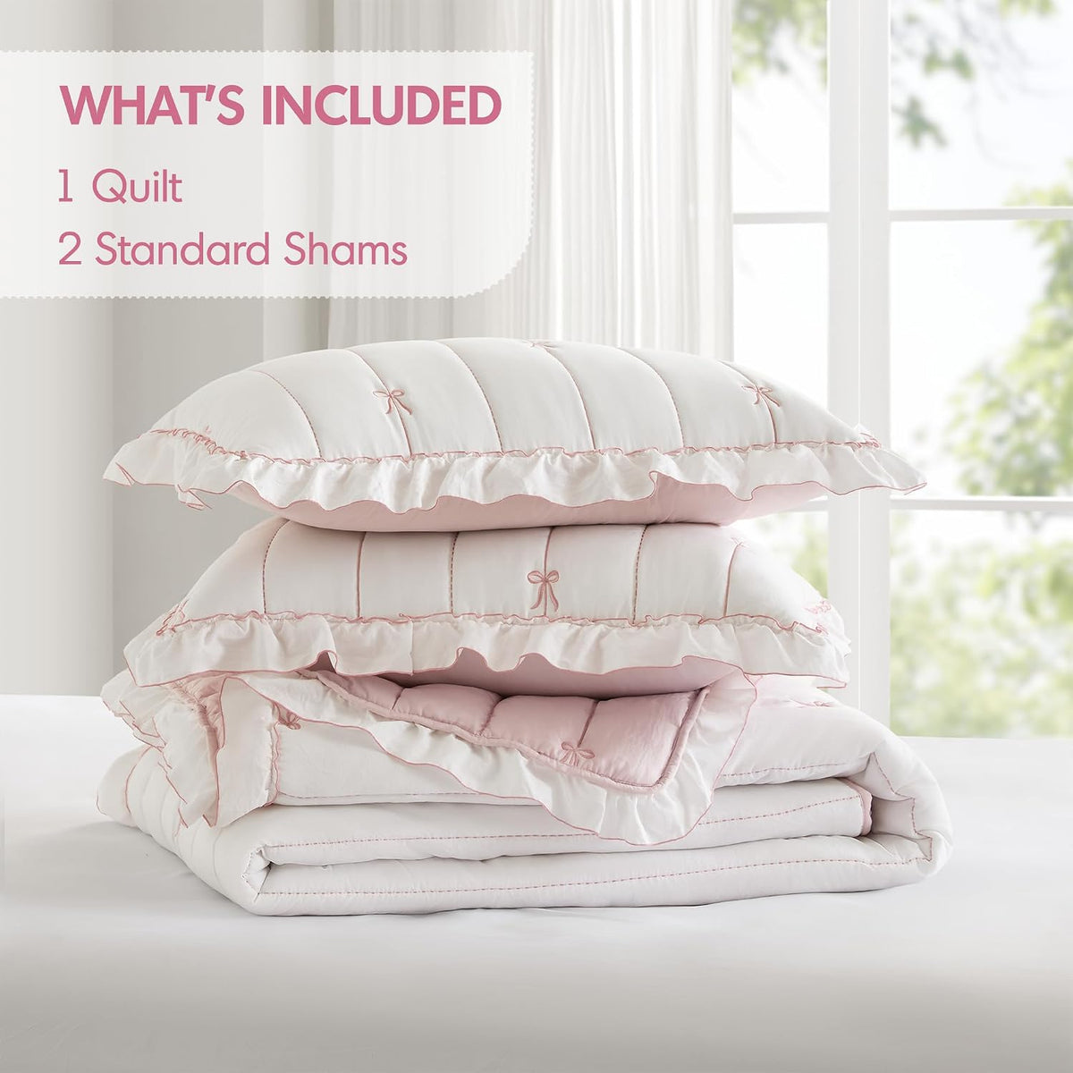 Intelligent Design Bow Embroidered Ruffle Pink Queen Quilt Set, 3pc