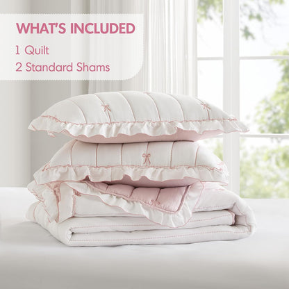 Intelligent Design Bow Embroidered Ruffle Pink Queen Quilt Set, 3pc