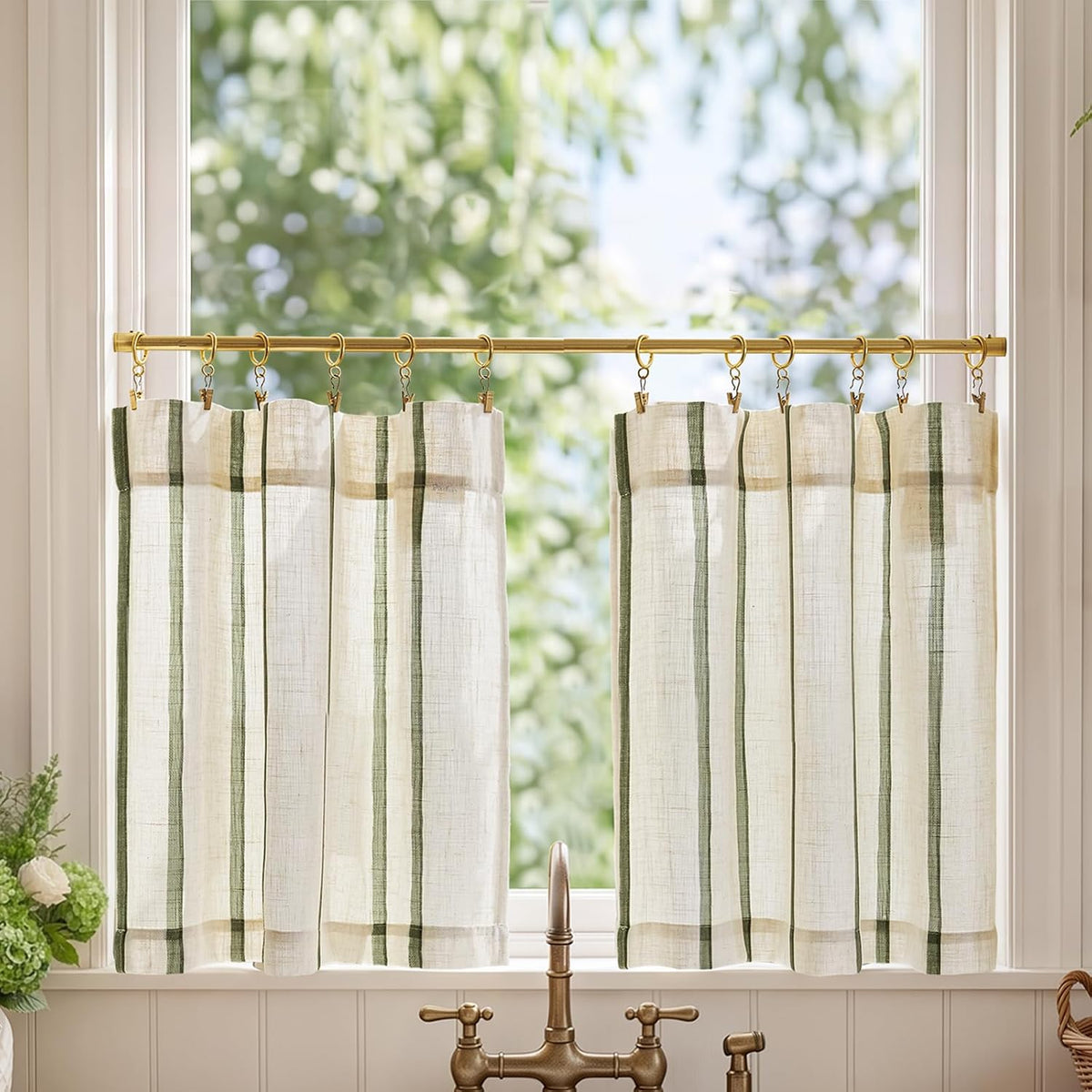 jinchan Linen Striped Tier Curtains for Kitchen Windows Green 26 x 24 inch