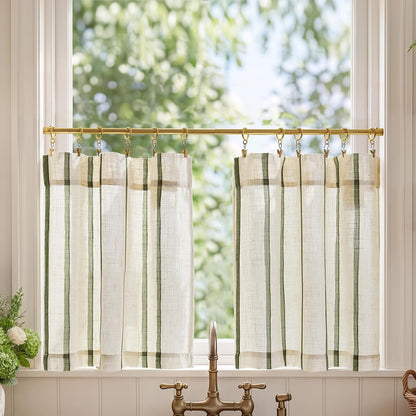 jinchan Linen Striped Tier Curtains for Kitchen Windows Green 26 x 24 inch