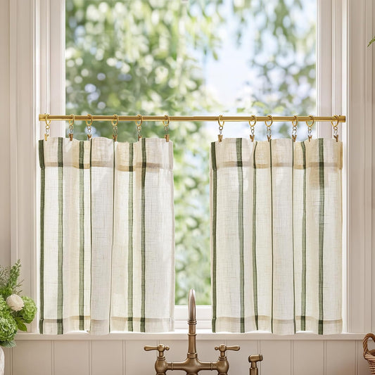 jinchan Linen Striped Tier Curtains for Kitchen Windows Green 26 x 24 inch