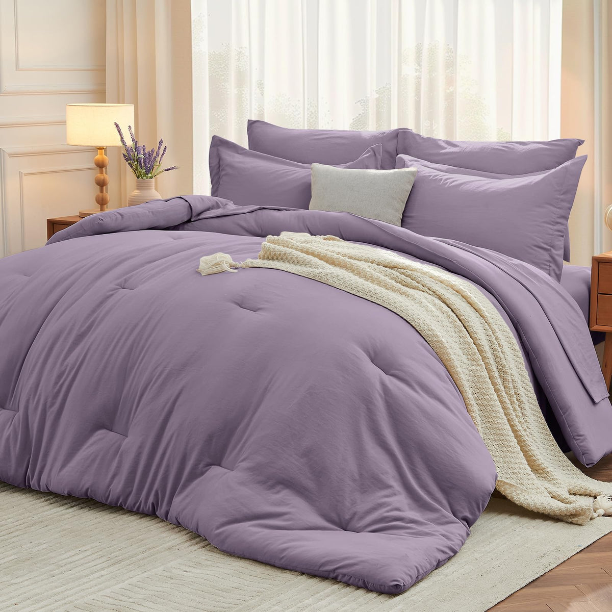 MUXHOMO Queen Comforter Set 7 Pieces, Soft Bed in a Bag, Beige
