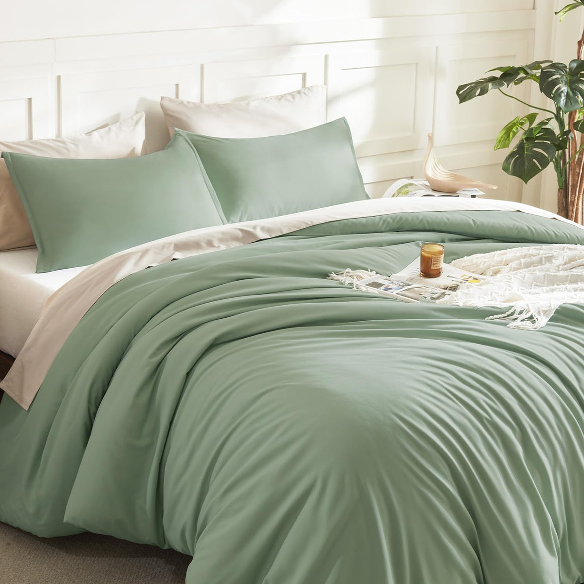 Litanika Queen Comforter Set Sage Green, 3 Pieces Lightweight Solid Bed Set