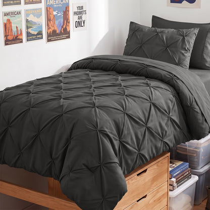 HIMEET Queen Comforter Set Black - 7 Pieces Pintuck Bed in a Bag