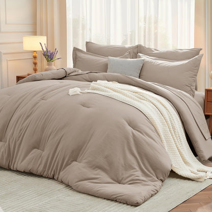 MUXHOMO Queen Comforter Set 7 Pieces, Soft Bed in a Bag, Olive Green