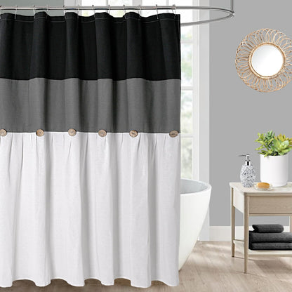 DOSLY IDÉES Farmhouse Shower Curtain,Beige and Gray Stripe,Button Curtain,Linen and Cotton Woven Fabric,Rustic Charm Country Chic Style,72x72 in